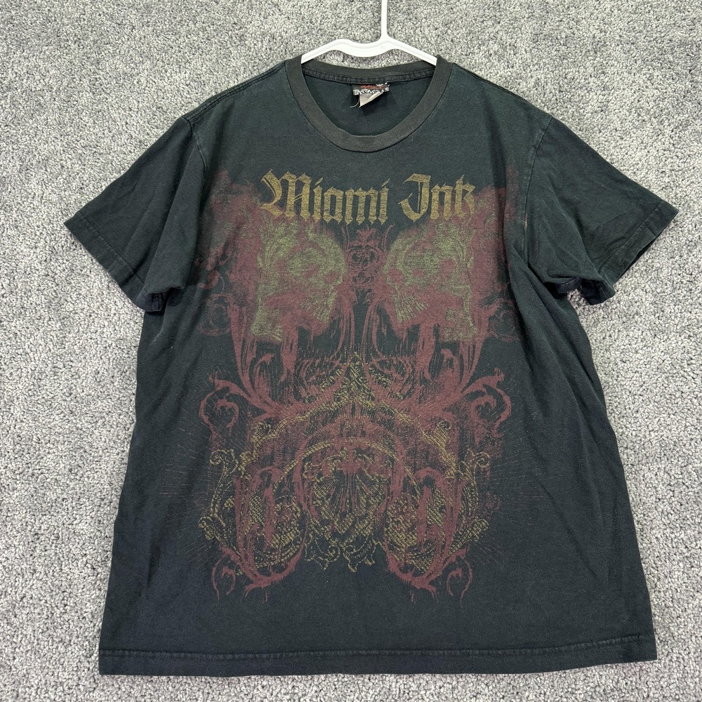 Miami Ink Shirt Mens Large Black Skull Tattoo Graphic Tee TV Show Logo Casual